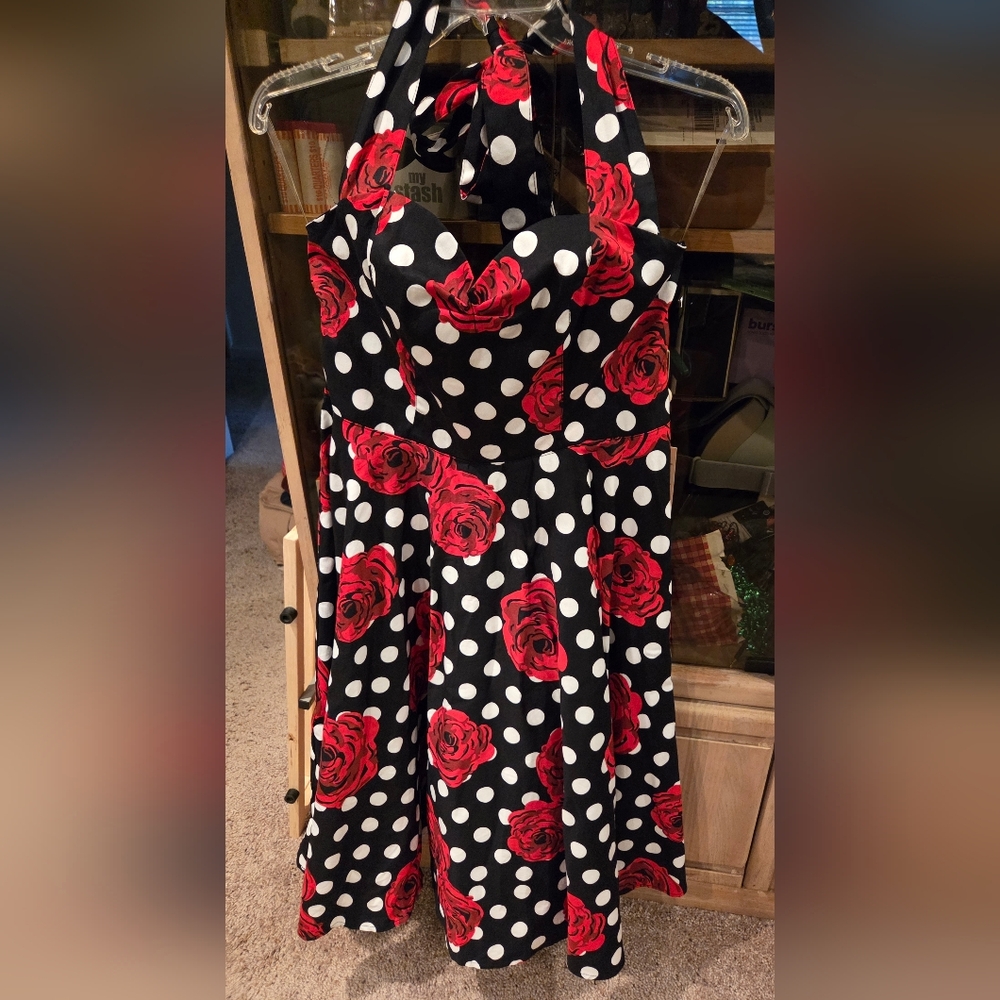 Grace Karin Halter Black and Red Floral Polka Dot Dress